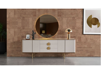 Perfecte eetkamerset bestaat uit beige dressoir en spiegel, 2-delig, nieuw.