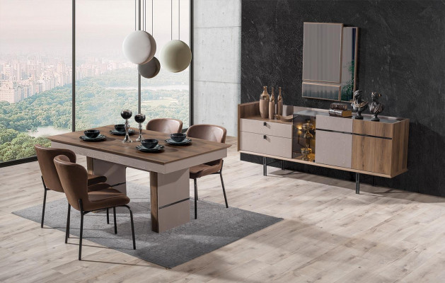 Modern eetkamerset eettafel 4 stoelen en dressoir met spiegel 7-delig