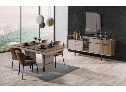 Modern eetkamerset eettafel 4 stoelen en dressoir met spiegel 7-delig