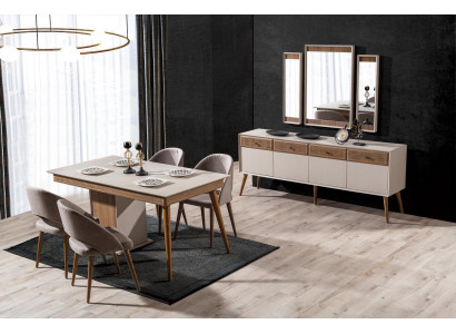 Ontwerp 9-delige eetkamerset: eettafel en 4 stoelen, dressoir met 3 spiegels.