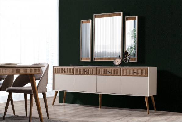Ontwerp 9-delige eetkamerset: eettafel en 4 stoelen, dressoir met 3 spiegels.