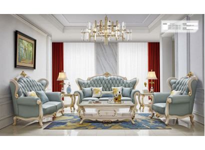 6-delige set (bankstel 3+2+1-zits + salontafel + 2 bijzettafels massief hout)
