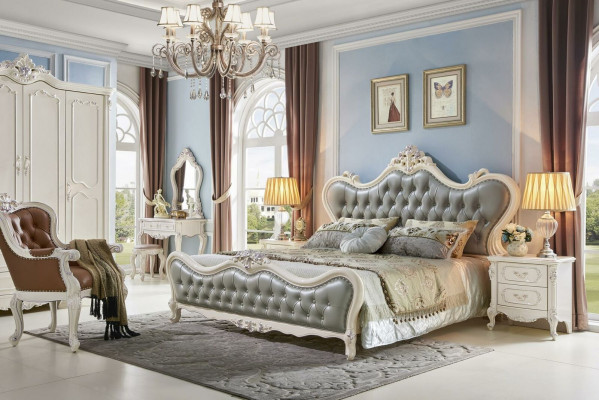 Bed design nachtkastje 3-delige slaapkamer set moderne luxe leer massief hout