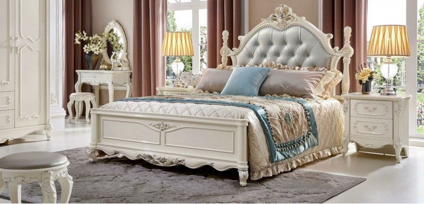 Klassiek slaapkamer set Bed Bedden Meubels Massief hout 2x Nachtkastje 3-delig
