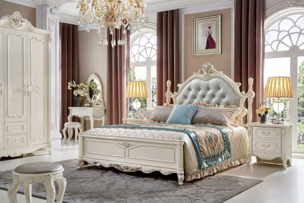 Klassiek slaapkamer set Bed Bedden Meubels Massief hout 2x Nachtkastje 3-delig