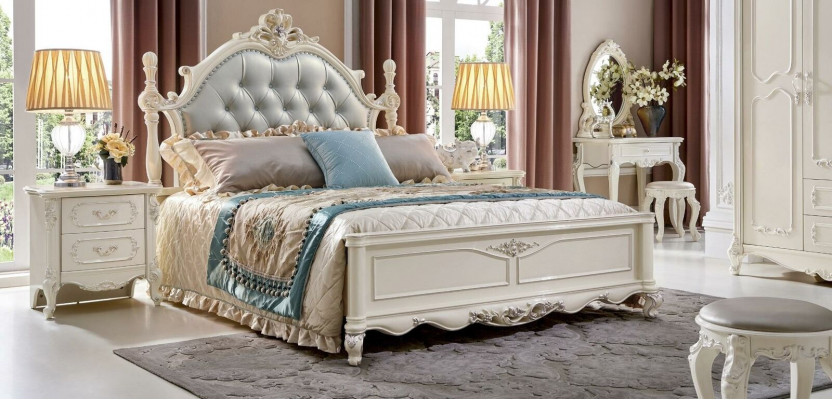 Klassiek slaapkamer set Bed Bedden Meubels Massief hout 2x Nachtkastje 3-delig