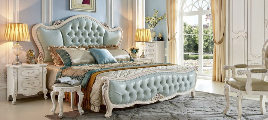 Klassieke designer barok slaapkamer set Bed 2x Nachtkastje 3-delig Massief hout