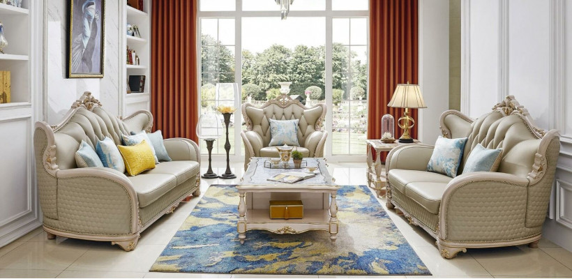 Leren bank Klassieke bankstel Set 2-delig 3+2 zitsbank Massief hout Leer bankstel Klassieke meubelset 2 stuks 3+2 zitsbank Massief hout