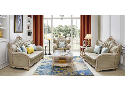 Leren bank Klassieke bankstel Set 2-delig 3+2 zitsbank Massief hout Leer bankstel Klassieke meubelset 2 stuks 3+2 zitsbank Massief hout