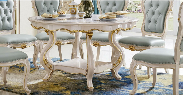 Klassieke eettafel massief hout eetkamer set 6x stoelen set stoelen rugleuning 7-delig