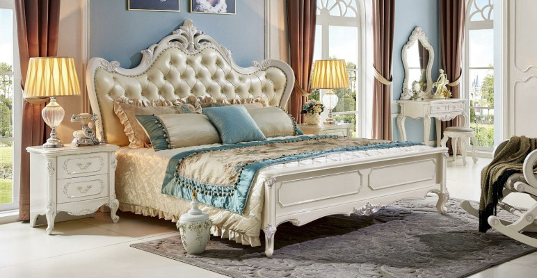 Bed Nachtkastje Kledingkast 6-delige Slaapkamer Set Kruk Barok Massief Hout