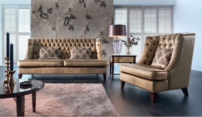 Sofa set Bankstel 3-zits fauteuil Chesterfield Modern Stof Bruin 3 delig