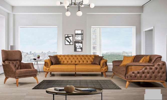 Luxe driepersoons Chesterfield bank meubels banken bruin bankstellen leer bekleding nieuw