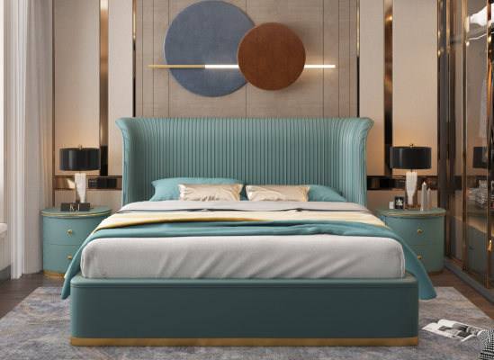 Luxe slaapkamer bed tweepersoonsbed textiel hout lederen gestoffeerde bedden 180x200 nieuw.