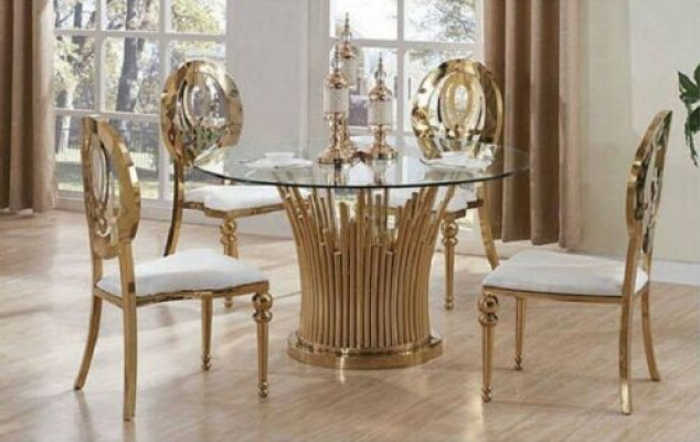 Ronde roestvrijstalen tafel Ronde 5-delige ronde eettafel + 4 stoelen set