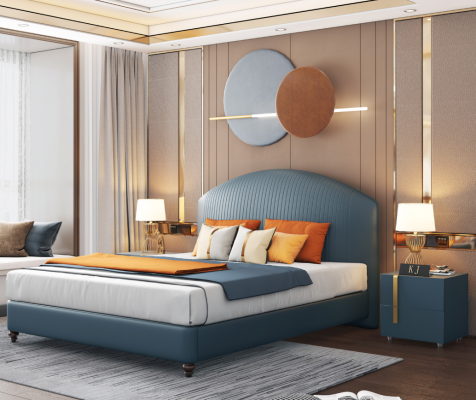 Bed met gestoffeerd design, luxe metaal, tweepersoonsbedden, huwelijksslaapkamer blauw.