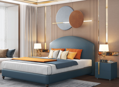 Bed met gestoffeerd design, luxe metaal, tweepersoonsbedden, huwelijksslaapkamer blauw.