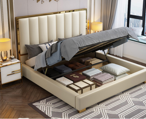Bedden Bed hout leer bekleding huwelijk design leer hotel boxspring meubels