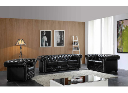 Chesterfield Design Luxe gestoffeerde bankstel van leer, 3-zits #606.