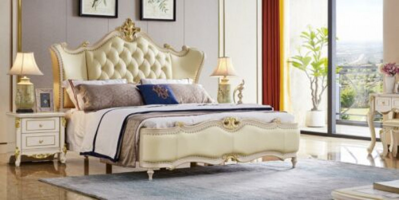 Chesterfield bed nachtkastje 3-delig set bedden slaapkamer leer massief hout