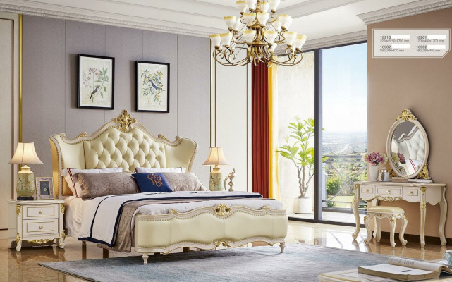 Chesterfield bed nachtkastje 3-delig set bedden slaapkamer leer massief hout