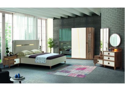 Slaapkamer set Bed 2x Nachtkastjes 5-delig Design Textiel Hout Kledingkast.