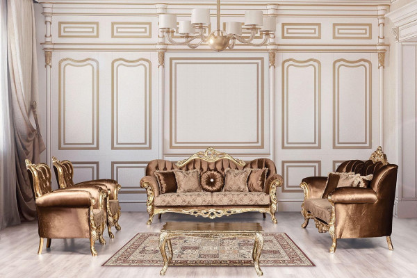 Gouden fluwelen bankstel Chesterfield bankstel bank meubelen hout 5-dlg.