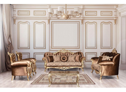 Gouden fluwelen bankstel Chesterfield bankstel bank meubelen hout 5-dlg.
