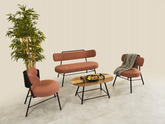 Set 4-delige Bank 2x Stoelen Salontafel Zitbank Textiel Hout Designer