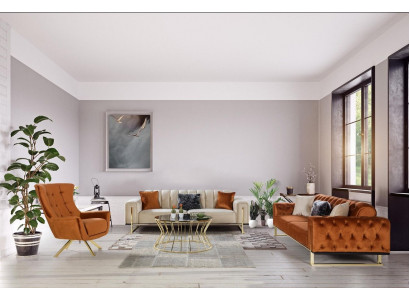 Designer Chesterfield 3-delige set 2x 3-zitsbank Fauteuil Modern Driepersoonsbank.