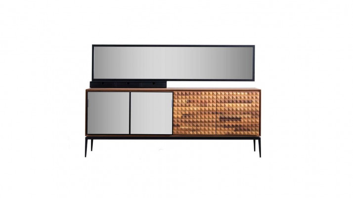 Dressoir met spiegel, commode, kast van hout, bruin, eetkamer.