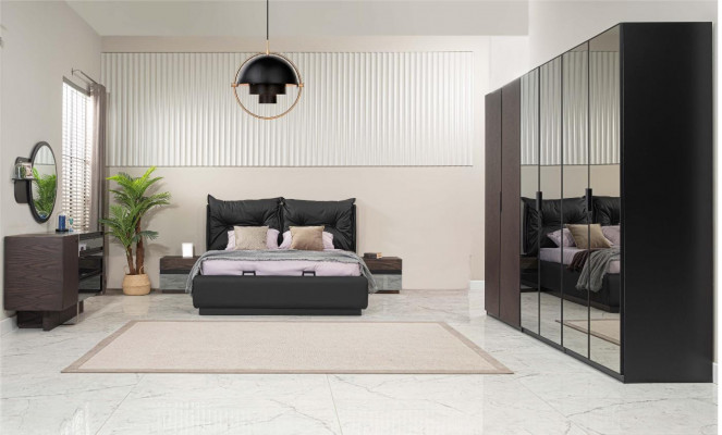 Tweepersoonsbedset Slaapkamer Bed Nachtkastjes Zwart Set 6-delig