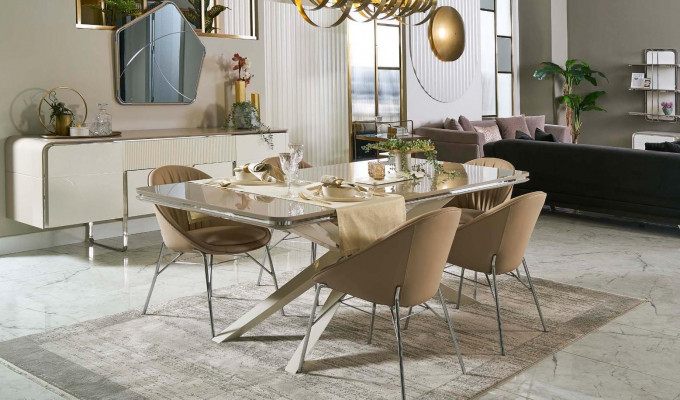 Eetset Eetkamermeubels Hout Eettafel Eethoek Beige Eetkamer 9-delig