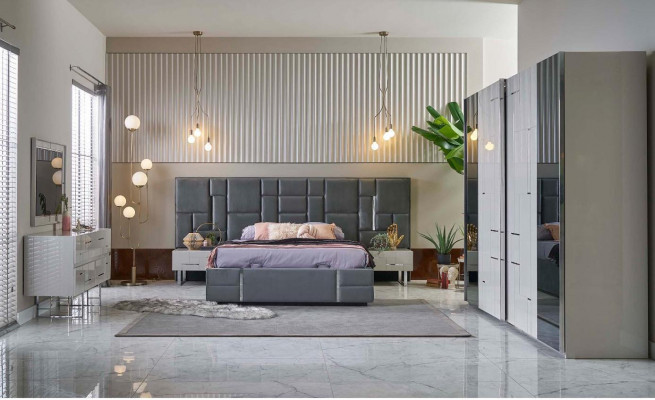 Tweepersoonsbed Bedframe Slaapkamer Grijs Hout Set 6 stuks Kledingkast