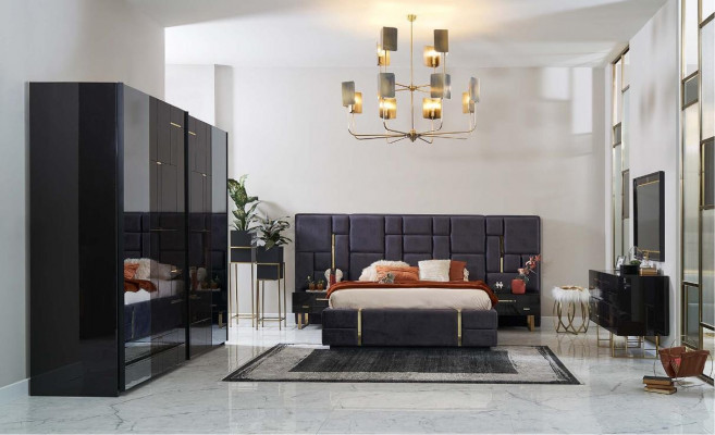 Luxe tweepersoonsbed bedframe slaapkamer hout set 6-delig zwart design.
