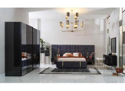 Luxe tweepersoonsbed bedframe slaapkamer hout set 6-delig zwart design.