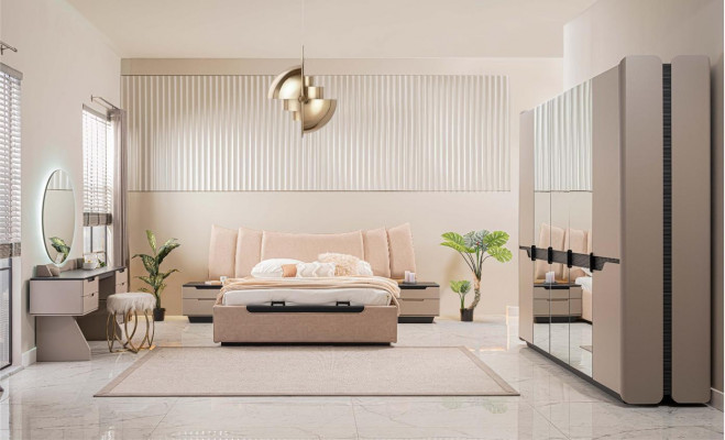 Tweepersoonsbed Complete Slaapkamer Modern Beige Set 6-delig Kast