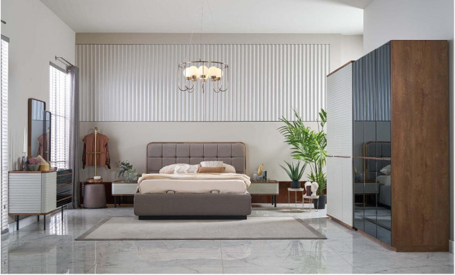 Garnituur Slaapkamer Bed Set 5-delig Tweepersoonsbed Bruin Hout Bedframe