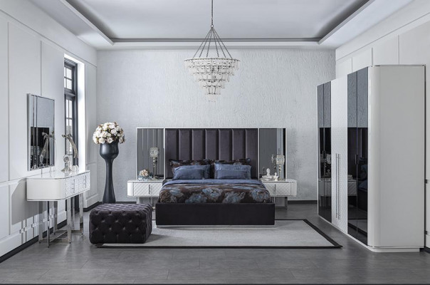 Slaapkamer 6-delige set Bed 2x Nachtkastjes Luxe kledingkast Ontwerpschoonheidstafel