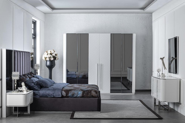 Slaapkamer 6-delige set Bed 2x Nachtkastjes Luxe kledingkast Ontwerpschoonheidstafel