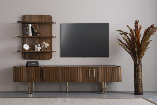 Woonkamer meubels ontwerp woonwand luxe tv-standaard bruine wandplanken.