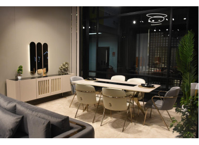 Luxe eetkamerset eettafel + 6x stoelen + dressoir met spiegel