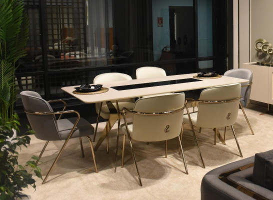 Luxe eetkamerset eettafel + 6x stoelen + dressoir met spiegel