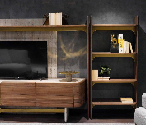 Luxe woonkamermeubilair ontwerp woonkamerset meubels bruin houten boekenkast planken.