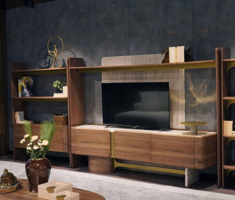 Luxe woonkamermeubilair ontwerp woonkamerset meubels bruin houten boekenkast planken.