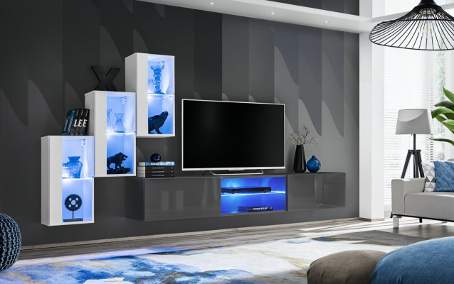 Grijze dressoir tv-standaard set woonwand compleet wandplanken wandkast
