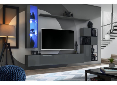 Ontwerper Grijze Woonwand Hangende Vitrine TV-standaard Compleet Hoogglans Dressoir