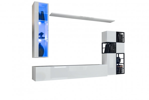 Hangende vitrine - Wit - Woonkamerdesign - TV-standaard - Compleet 9-delige houten meubelrekken