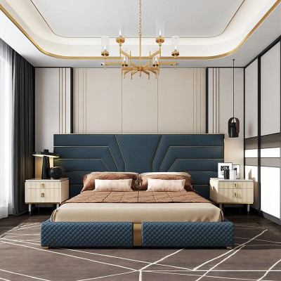 Ontwerper Bed Bedden Gestoffeerd Bed Metaal Goud 180x200 Huwelijksbed Tweepersoonsbed