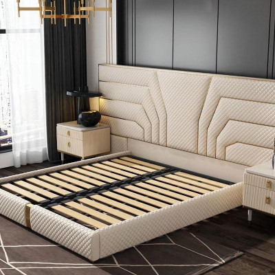 Ontwerper Bed Bedden Gestoffeerd Bed Metaal Goud 180x200 Huwelijksbed Tweepersoonsbed